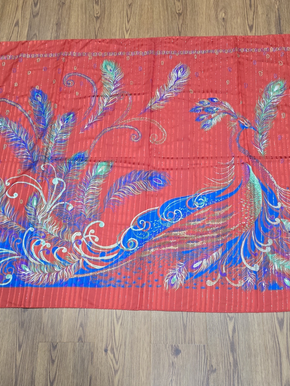 Red Silk Scarf with Blue and Green Peacock Motif